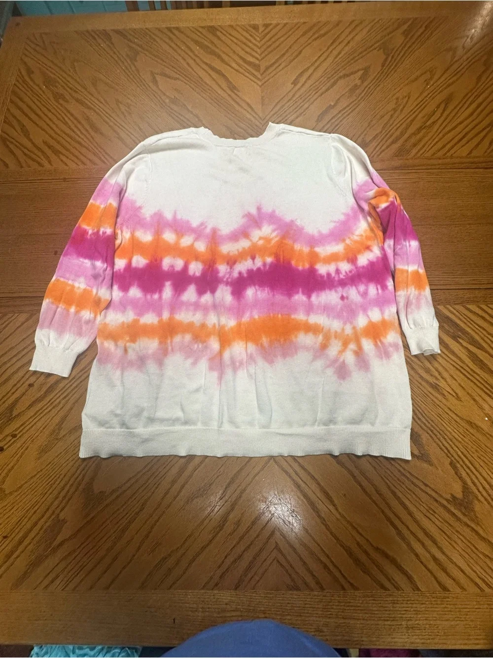 White Tie-Dye Sweater with Pink & Orange Stripes 100% Cotton